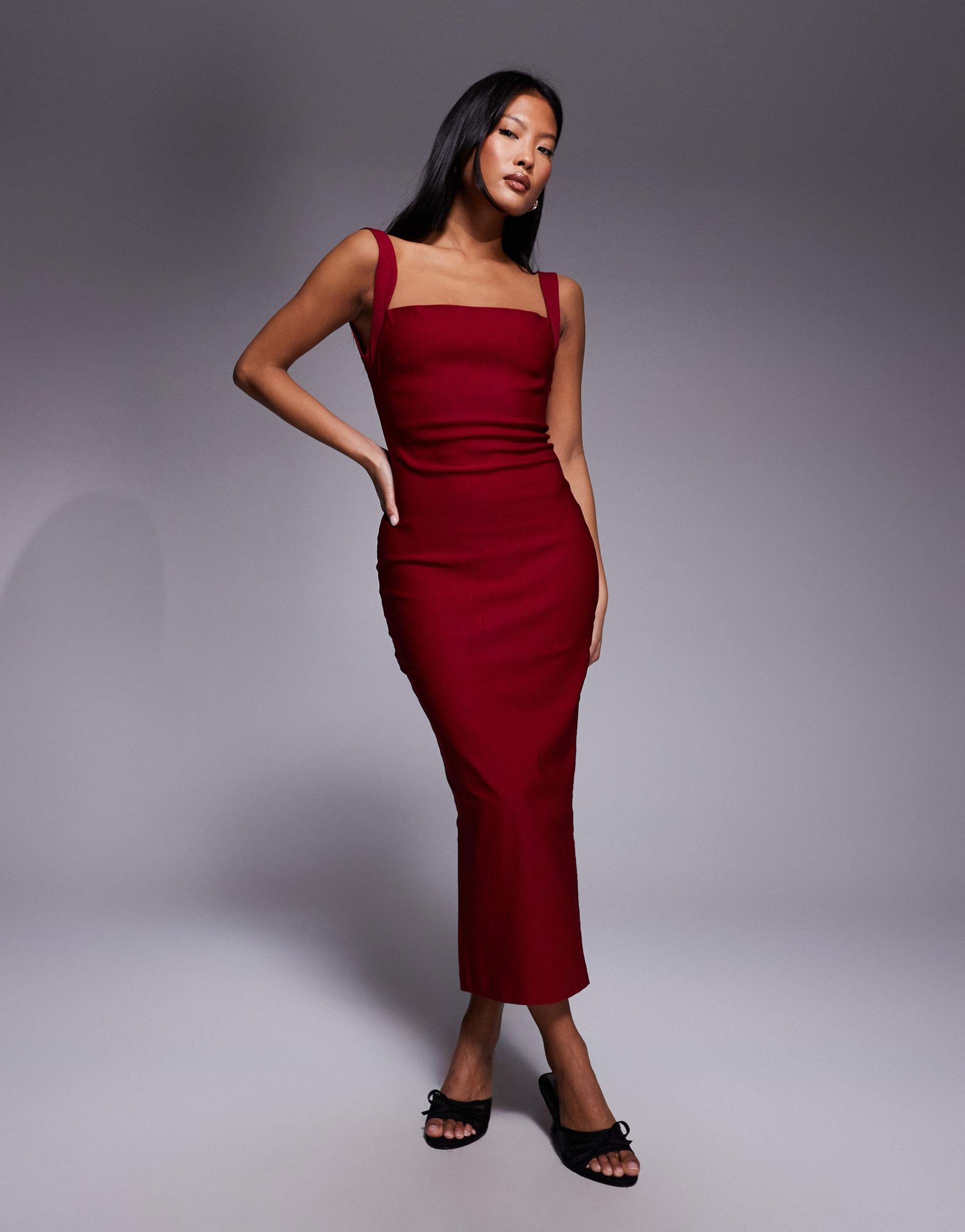 vesper petite bengaline square neck scoop back midaxi dress in wine