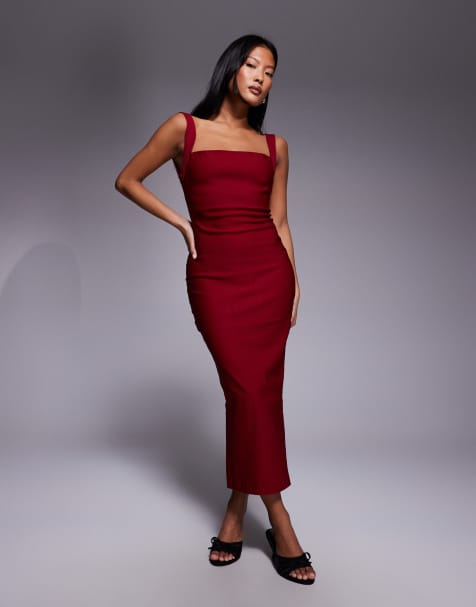 Vesper Petite bengaline square neck scoop back midaxi dress in wine