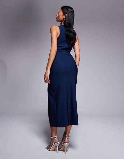 Vesper Petite bengaline square neck thick strap thigh split midaxi dress in navy, 2 of 4