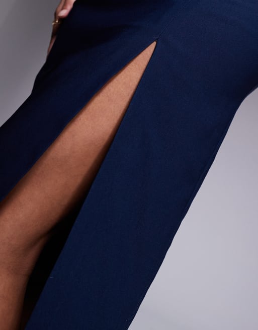 Vesper Petite bengaline square neck thick straps thigh slit midaxi dress in navy, 3 of 4