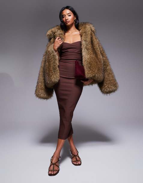 Vesper Petite bengaline sweetheart neckline ruched front midaxi dress in chocolate - view 1