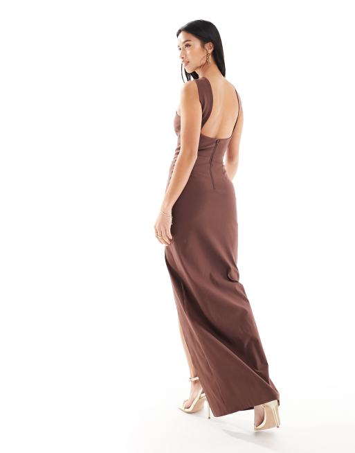 Vesper Petite bengaline twist front halter neck maxi dress with thigh slit  in chocolate | ASOS