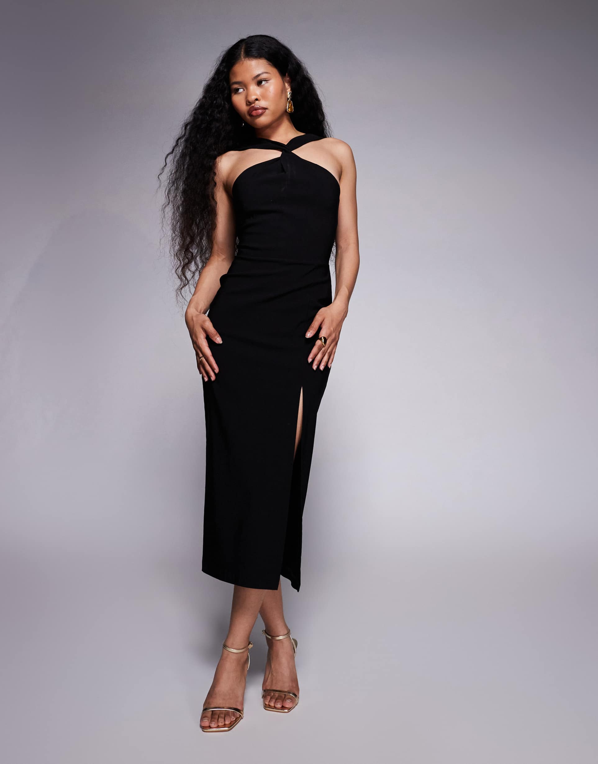 vesper petite bengaline twist front halter neck side split midaxi dress in black