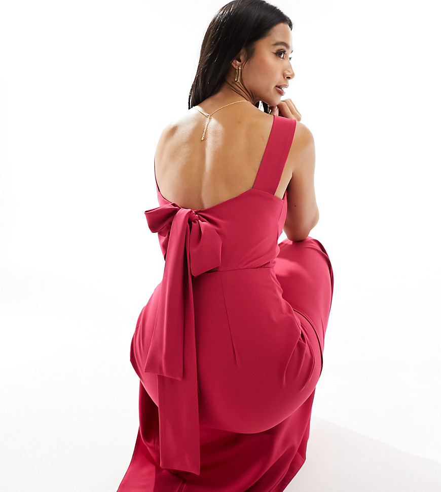 bow back thigh spilt maxi dress in raspberry-Pink