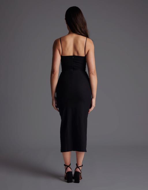 Vesper Petite Cami strap midaxi dress with thigh split in black, 2 of 4