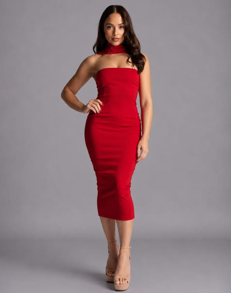 Vesper Petite Collar detail bodycon midaxi dress in red - view 1