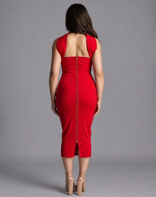 Vesper Petite Collar detail bodycon midaxi dress in red, 2 of 4