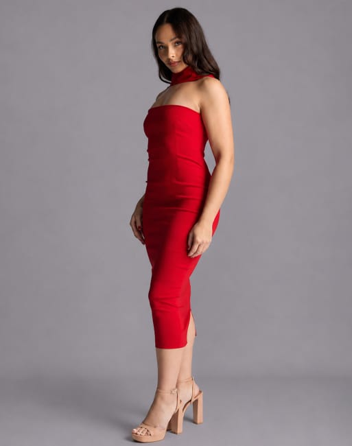 Vesper Petite Collar detail bodycon midaxi dress in red, 3 of 4