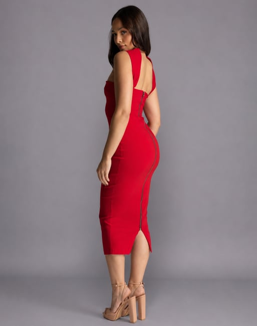 Vesper Petite Collar detail bodycon midaxi dress in red, 4 of 4
