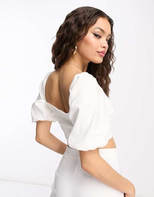 Vesper Petite - Crop top con maniche a sbuffo in bengalina bianco in coordinato, 2 di 4