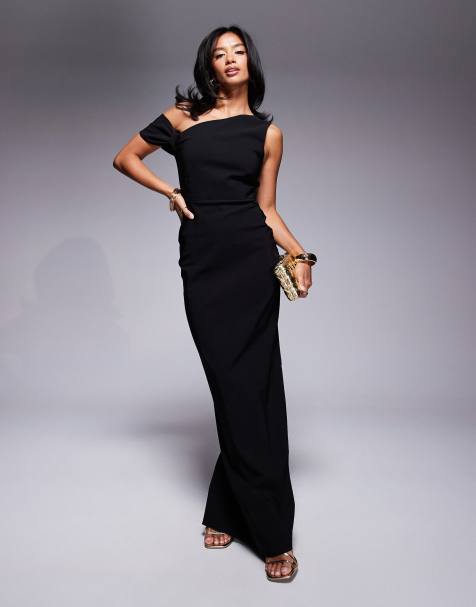 Vesper Petite bengaline one shoulder knot detail maxi bodycon dress in black