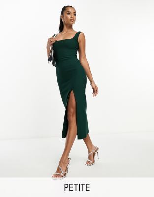 Vesper Petite - Figurbetontes Midi-Trägerkleid in Tannengrün mit hohem Schlitz