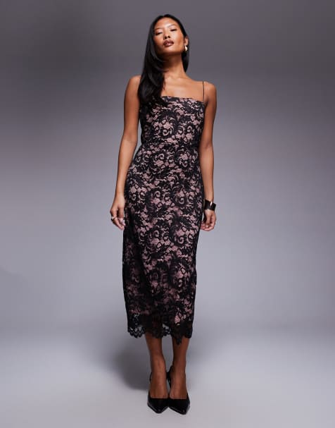 Vesper Petite Lace midaxi dress with spaghetti straps in black - view 1