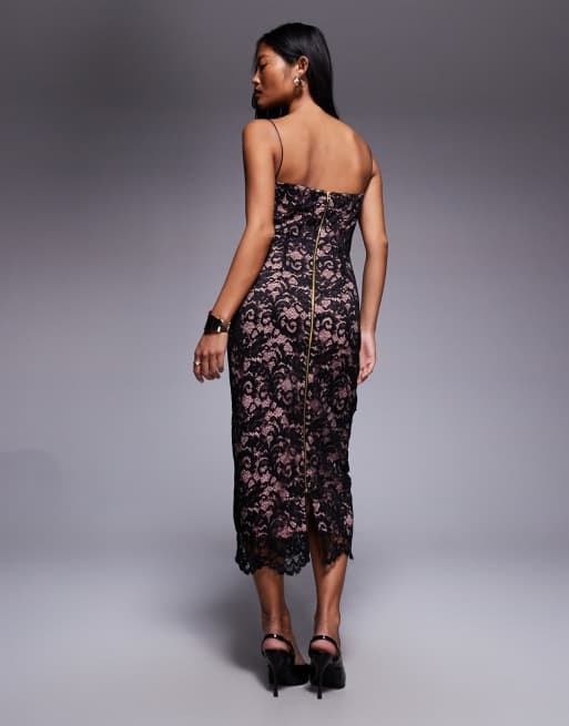 Vesper Petite Lace midaxi dress with spaghetti straps in black, 2 of 4