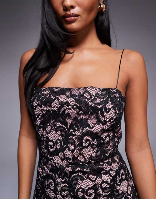 Vesper Petite Lace midaxi dress with spaghetti straps in black, 4 of 4