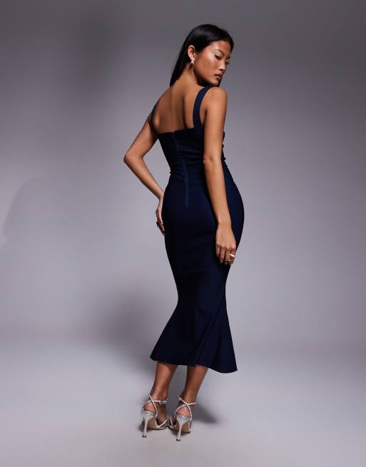 Vesper Petite – Marinblå, ärmlös midiklänning med fyrkantig ringning och fishtail i bengalin, 4 av 4