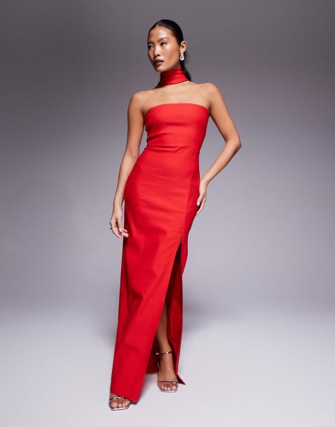 Vesper Petite - Maxi bandeau-jurk van bengaline met chokerhals en zijsplit in rood - view 1