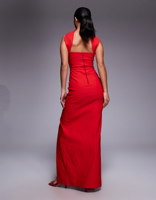 Vesper Petite - Maxi bandeau-jurk van bengaline met chokerhals en zijsplit in rood, 2 van 4