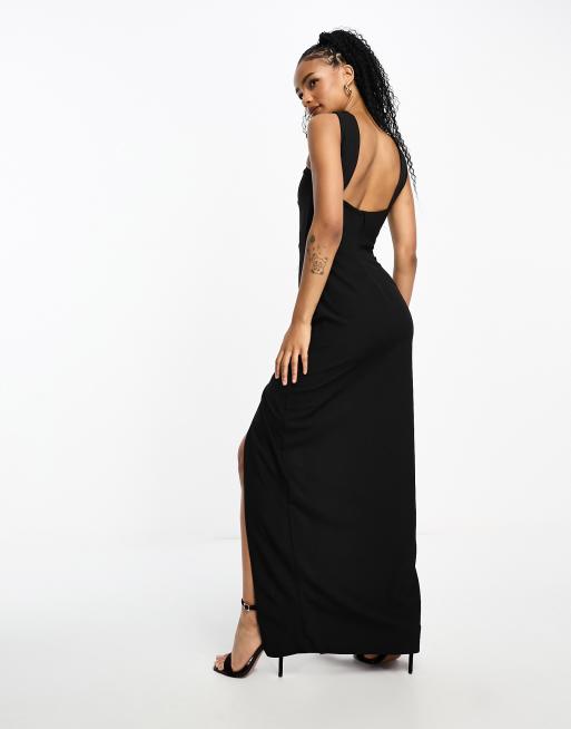Vesper Petite - Maxi jurk met halternek, gedraaide voorkant en dijsplit in zwart, 2 van 4