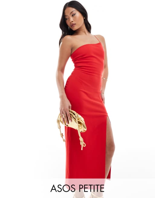 Vesper Petite - Midaxi jurk met enkel spaghettibandje en dijsplit in rood