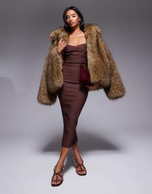 Vesper Petite - Midaxi-Kleid aus Bengaline in Schokobraun mit geraffter Vorderseite und Herzausschnitt-Brown