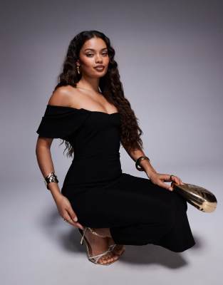 Vesper Petite - Midaxi-Kleid aus Bengaline in Schwarz mit Carmen-Ausschnitt und drapierten Ärmeln
