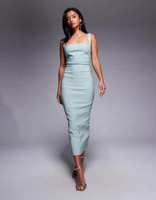 Vesper Petite - Midaxi-Kleid aus salbeigrünem Bengaline mit eckigem Ausschnitt und tiefem Rückenausschnitt
