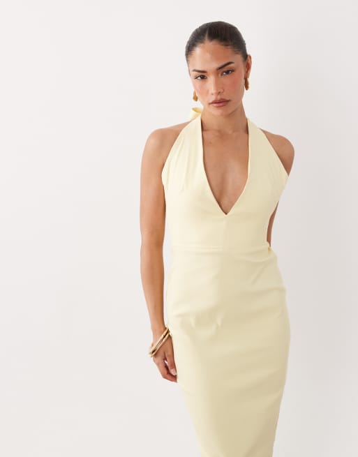 Vesper Petite – Neckholder-Midikleid aus Bengaline in Gelb mit U-Ausschnitt und Bindedetail, 3 von 4