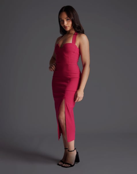 Vesper Petite Notch neck midaxi dress with thigh split in cerise