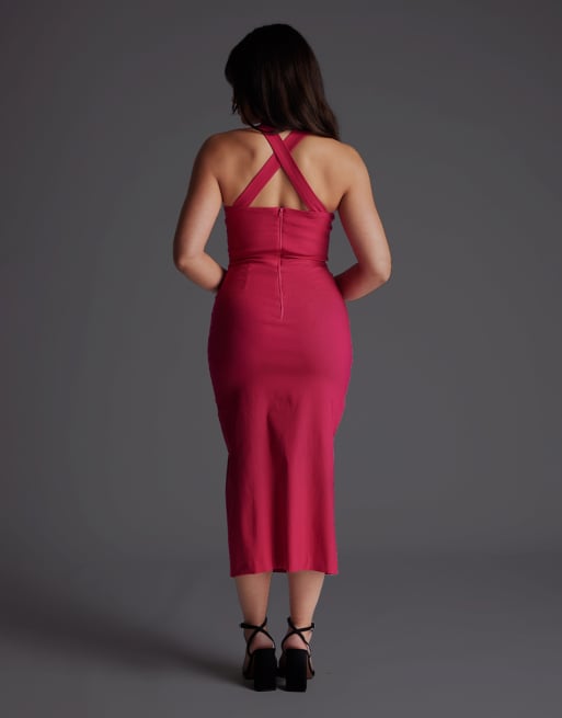 Vesper Petite Notch neck midaxi dress with thigh split in cerise, 3 of 4