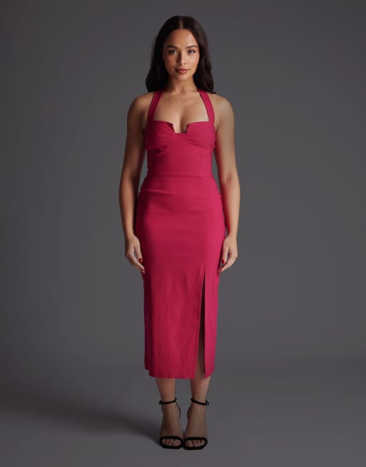 Vesper Petite Notch neck midaxi dress with thigh split in cerise, 4 of 4