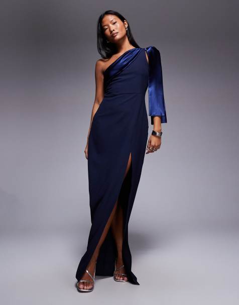 Vesper Petite One shoulder maxi dress with satin contrast in navy - view 1
