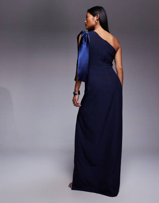 Vesper Petite One shoulder maxi dress with satin contrast in navy, 2 of 4