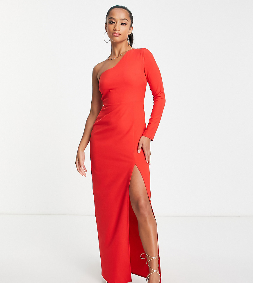 one shoulder maxi dress with thigh slit in red