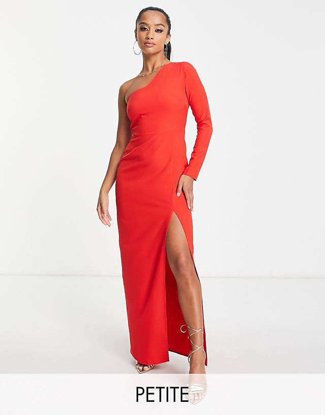 Vesper Petite one shoulder maxi dress with thigh slit in red