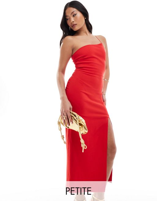 Vesper Petite one shoulder spaghetti strap thigh split midaxi DONE dress in red