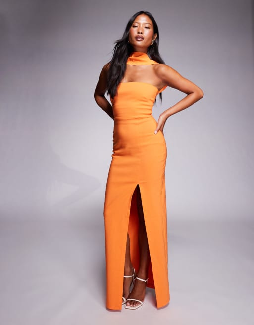 Vesper Petite Petite bengaline choker neck detail bandeau side split maxi dress in orange