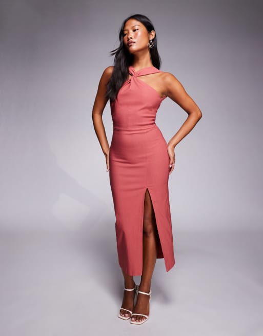 Vesper Petite Petite bengaline twist front halter neck side split midaxi dress in rose