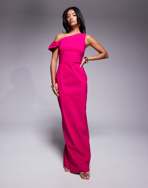 Vesper Petite - Pink bodycon-maxikjole i bengalin med oneshoulder-snit med knudedetalje, 2 af 4