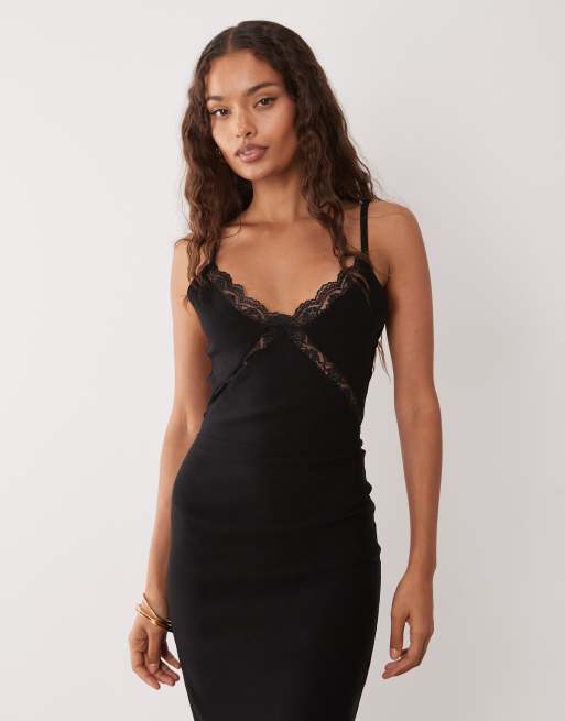 Vesper Petite - Robe caraco longue en bengaline à détails en dentelle - Noir, 4 de 4