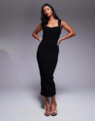 Robe longueur mollet en bengaline à décolleté en caur et fronces devant - Noir 38