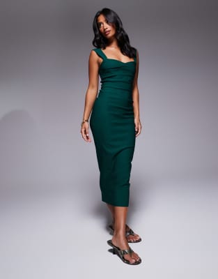 Robe longueur mollet en bengaline à décolleté en caur et fronces devant - Vert forêt 38