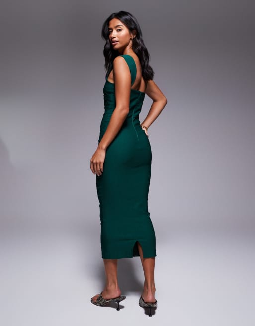 Vesper Petite - Robe longueur mollet en bengaline à décolleté en cœur et fronces devant - Vert forêt, 2 de 4