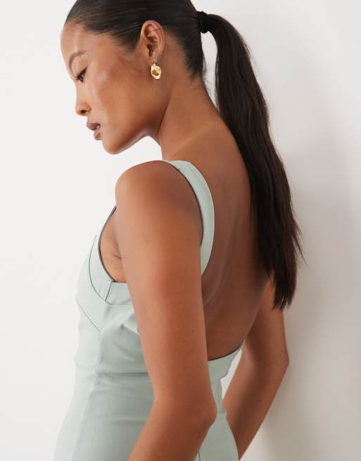 Vesper Petite - Robe longueur mollet en bengaline avec dos échancré et encolure carrée - Sauge, 3 de 4