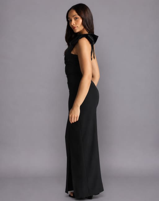 Vesper Petite Satin contrast maxi dress with thigh split in black, 4 of 4