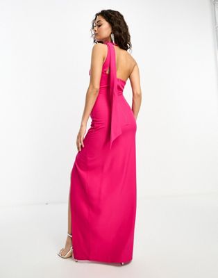 Vesper scarf detail thigh split maxi dress in bright pink