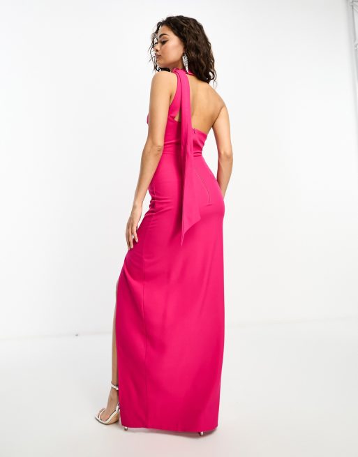 Vesper Petite scarf detail thigh split maxi dress in bright pink