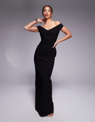 Vesper Petite - Schulterfreies Bengaline-Maxikleid in Schwarz mit herzförmigem Ausschnitt