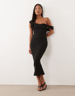 Schulterfreies, figurbetontes Midaxi-Kleid aus Bengaline in Schwarz mit Carmen-Ausschnitt Schwarz 36