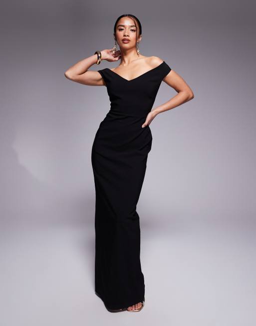 Vesper Petite – Schulterfreies Maxikleid aus Bengaline in Schwarz mit herzförmigem Ausschnitt